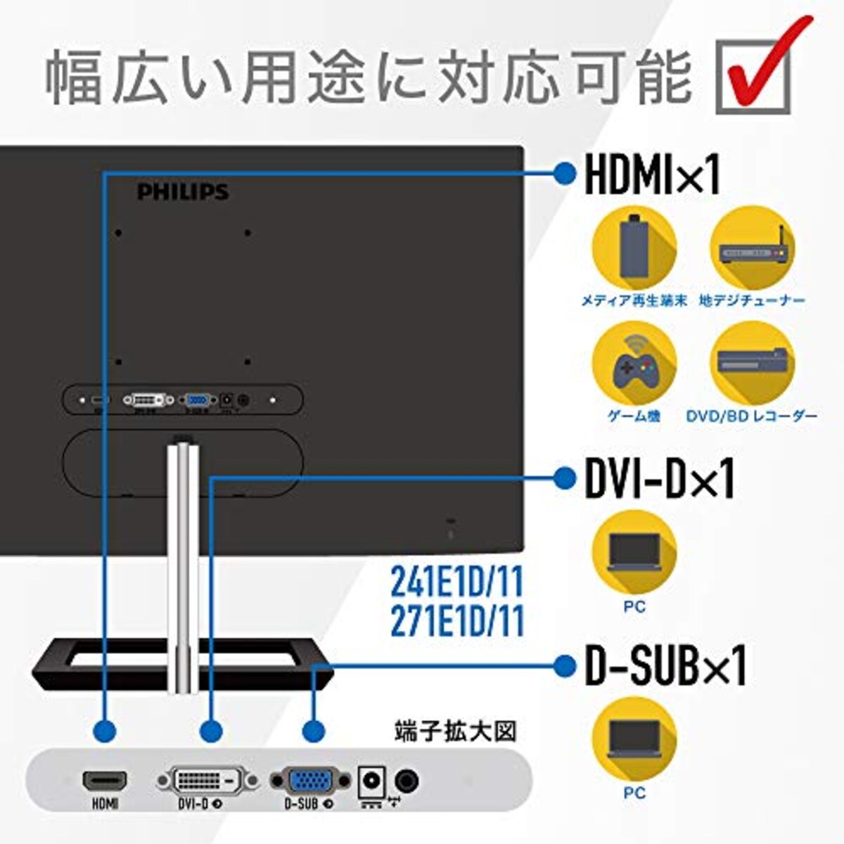  PHILIPS モニターディスプレイ 271E1D/11 (27インチ/IPS Technology/FHD/5年保証/HDMI/D-Sub/DVI-D/フレームレス)画像2 