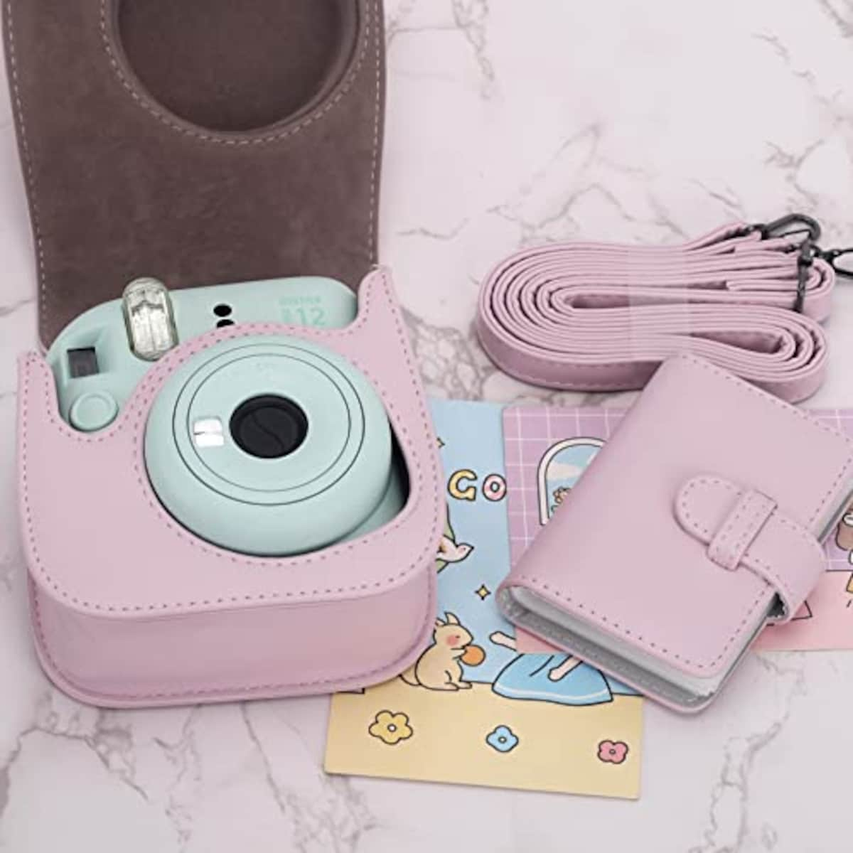  チェキケース instax mini 12/11/8/8+/9 用 カメラケース mini12 11 CAMERA CASE Fujifilm チェキ 保護ケース ショルダーストラップ付き PUレザー(Pink)画像4 