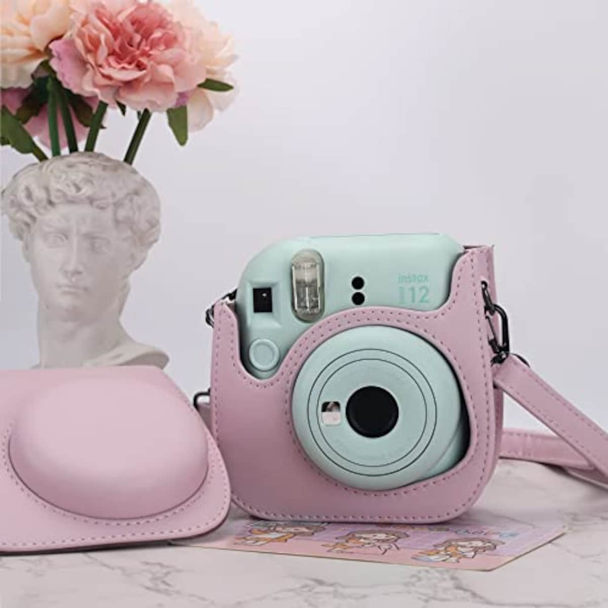  チェキケース instax mini 12/11/8/8+/9 用 カメラケース mini12 11 CAMERA CASE Fujifilm チェキ 保護ケース ショルダーストラップ付き PUレザー(Pink)画像7 