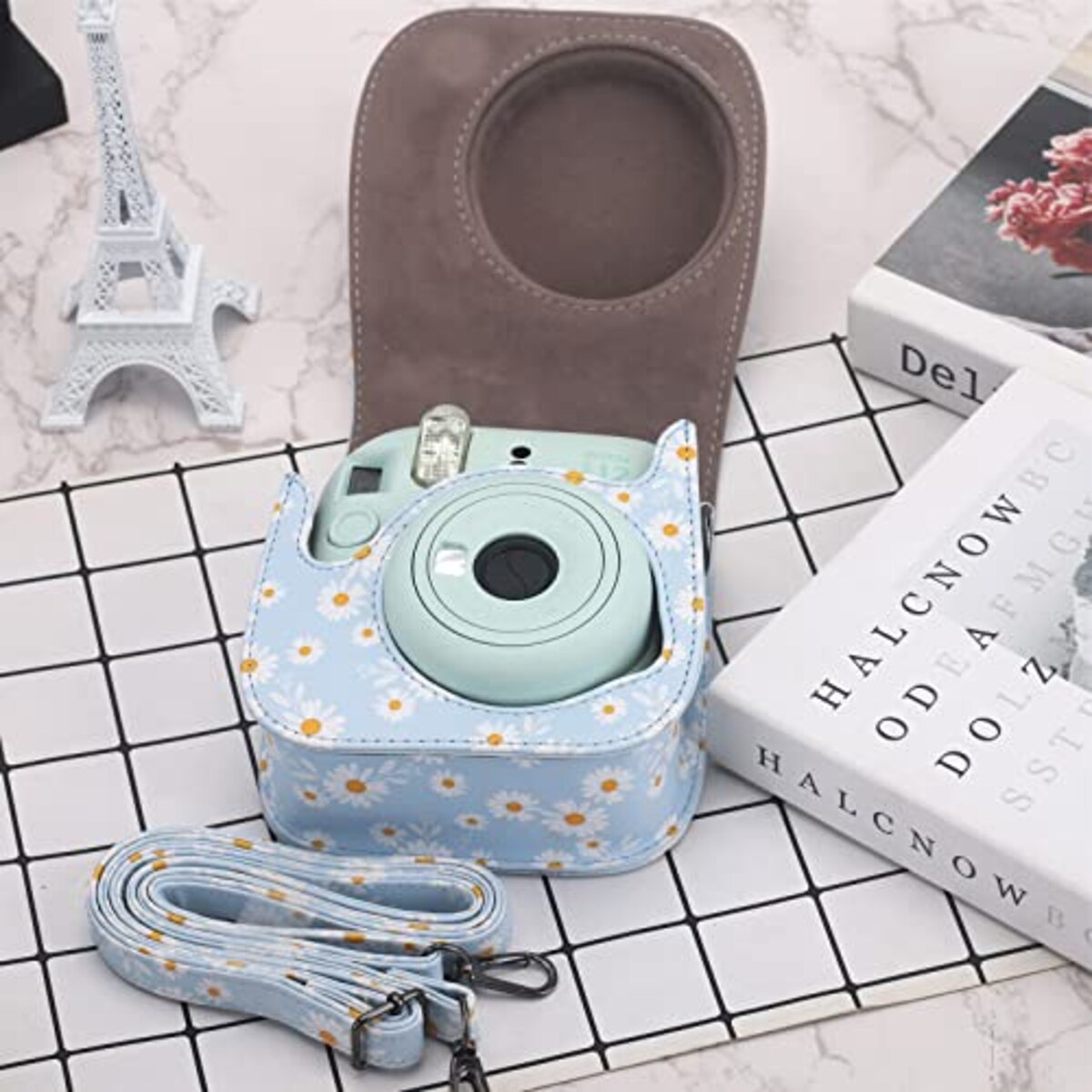  富士フィルム チェキ ケース instax mini 8/9/11/12 カメラケース INS MINI 8/9/11/12 CAMERA CASE PUレザー 保護 調節可能 ショルダーストラップ付き(ブルーデイジー)画像4 