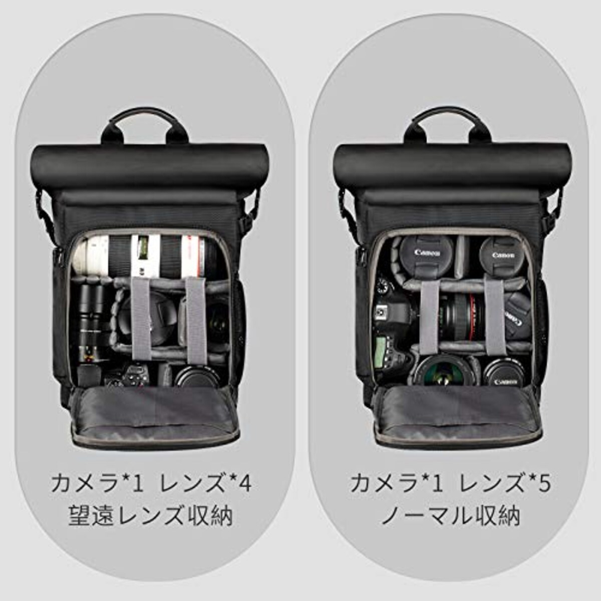  TARION カメラバッグ 2023年 分離式パソコン収納バッグ付き サイドアクセス ロールトップ設計 大容量 容量拡張可 カメラバック 一眼レフバッグ 撥水加工 三脚収納 SP01 ブラック画像3 