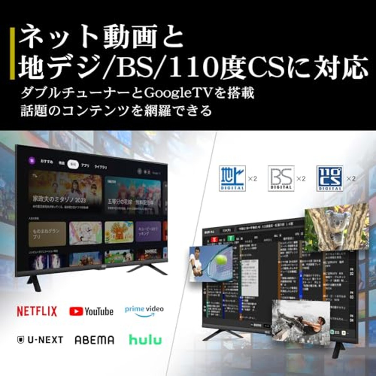  テレビ 32型 23年モデル google tv 音声検索 地デジ Wチューナー Youtube プライムビデオ HDD録画対応 国内メーカー FFF IRIE FFF-TV32WG画像3 