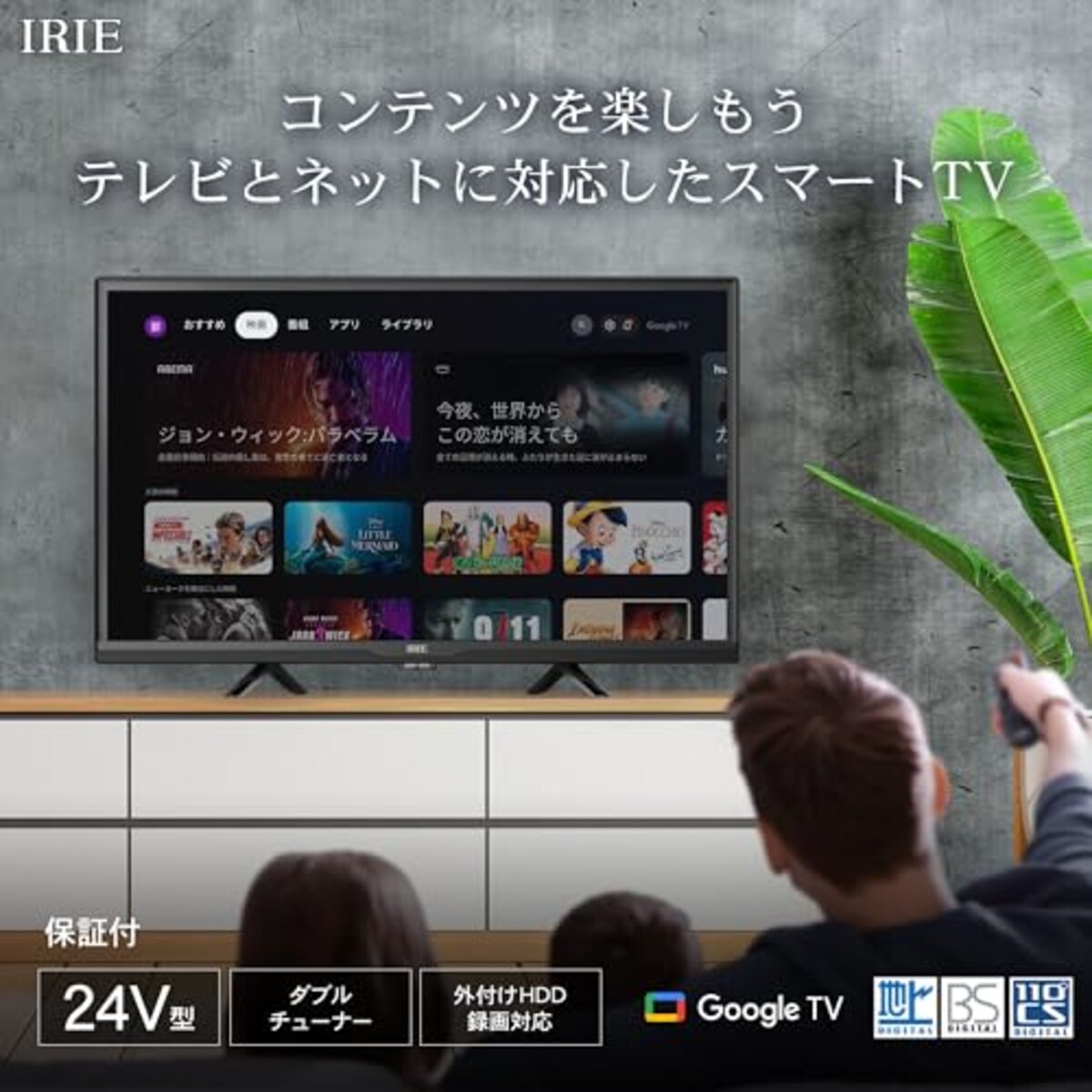  テレビ 24型 23年 グーグル tv 音声検索 地デジ Wチューナー ユーチューブ プライムビデオ HDD録画対応 国内メーカー FFF IRIE FFF-TV24WG画像2 