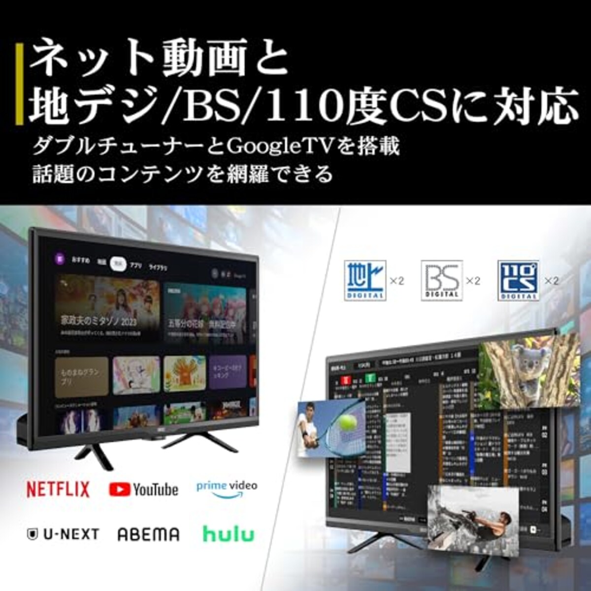  テレビ 24型 23年 グーグル tv 音声検索 地デジ Wチューナー ユーチューブ プライムビデオ HDD録画対応 国内メーカー FFF IRIE FFF-TV24WG画像3 