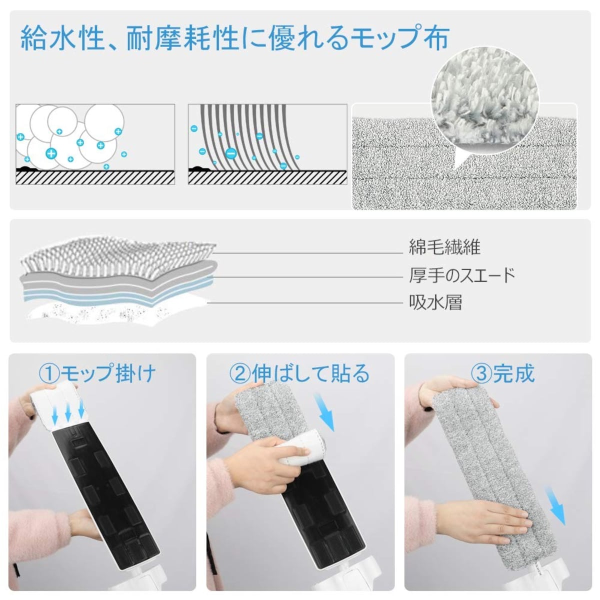  フロアモップ 乾湿両用（マイクロファイバークロス4枚付き）画像3 
