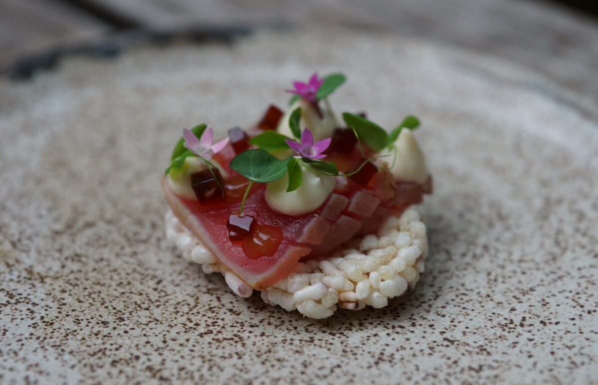 1. Yama Musubi Canapés with Seared Tuna, Dashi Gelée & Wasabi