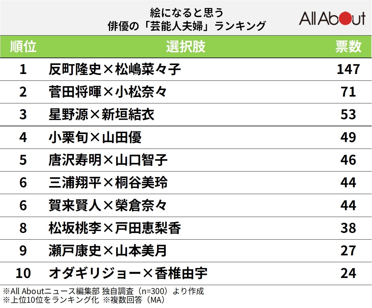 絵になると思う俳優の「芸能人夫婦」ランキング