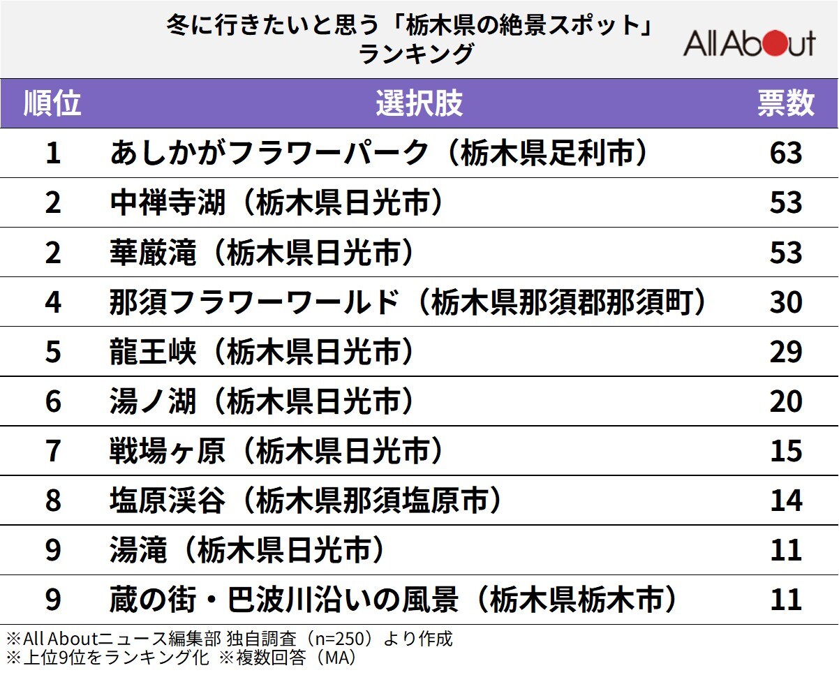 冬に行きたいと思う「栃木県の絶景スポット」ランキング