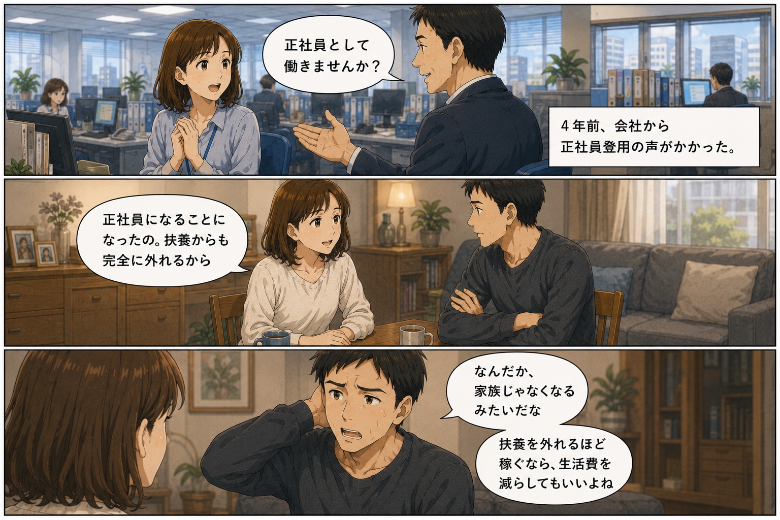 【漫画】「年収の壁」を超えた元専業主婦に夫は言った「きみが扶養を外れるほど稼ぐなら、生活費は…」