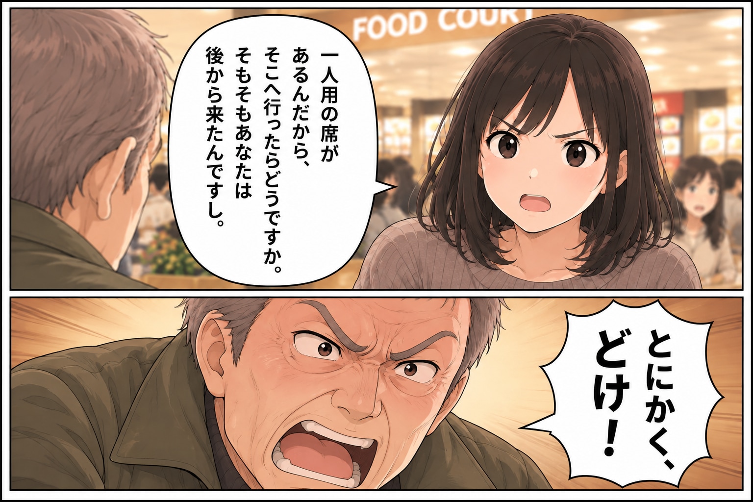 【漫画】「オレの予約席だからどけ」フードコートで主張する高齢男性にザワッ。夫の「見事な対応」とは【後編】