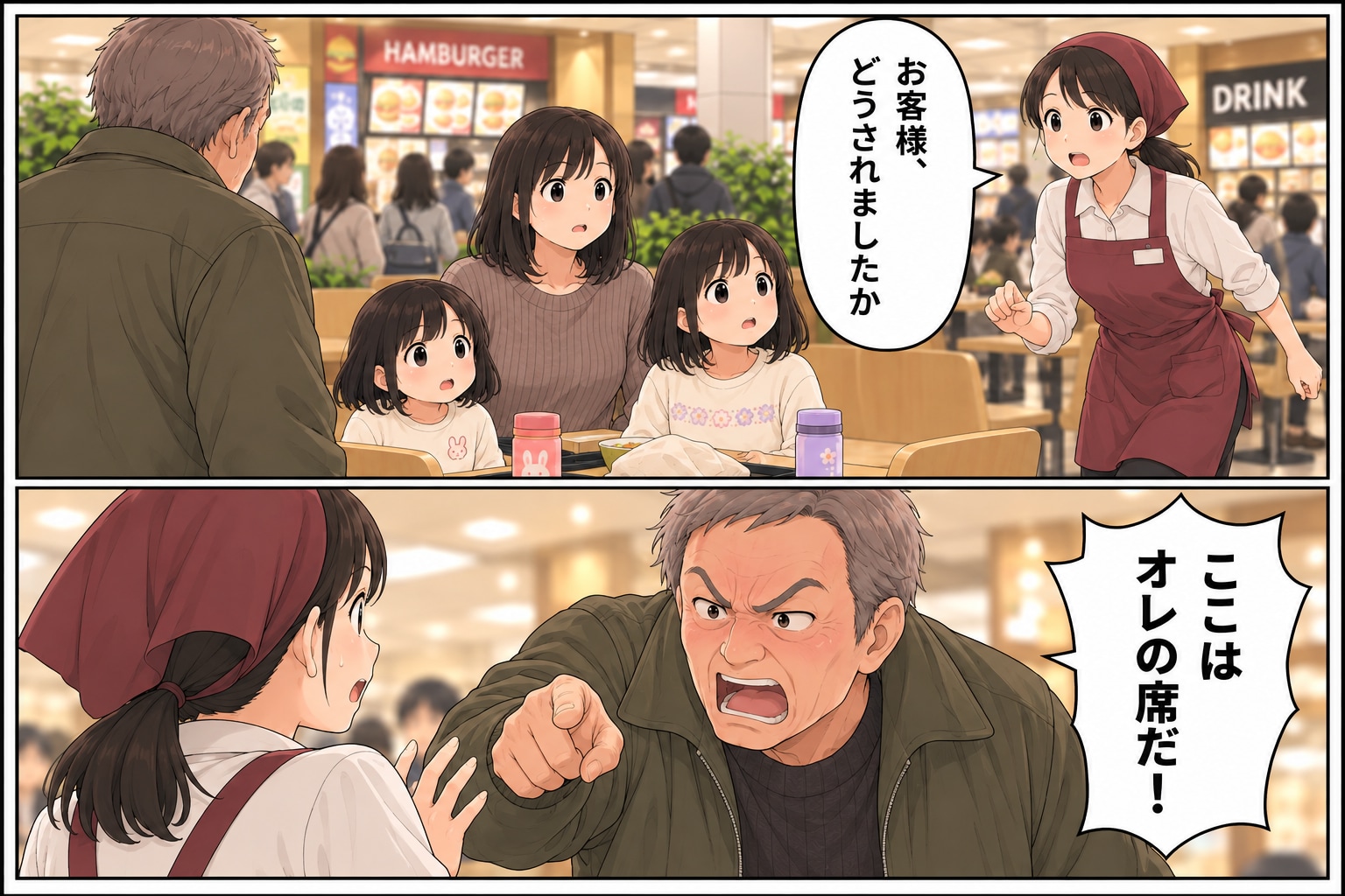 【漫画】「オレの予約席だからどけ」フードコートで主張する高齢男性にザワッ。夫の「見事な対応」とは【後編】