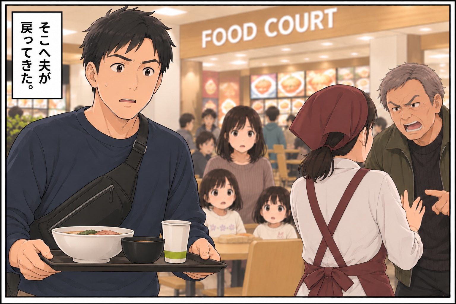 【漫画】「オレの予約席だからどけ」フードコートで主張する高齢男性にザワッ。夫の「見事な対応」とは【後編】