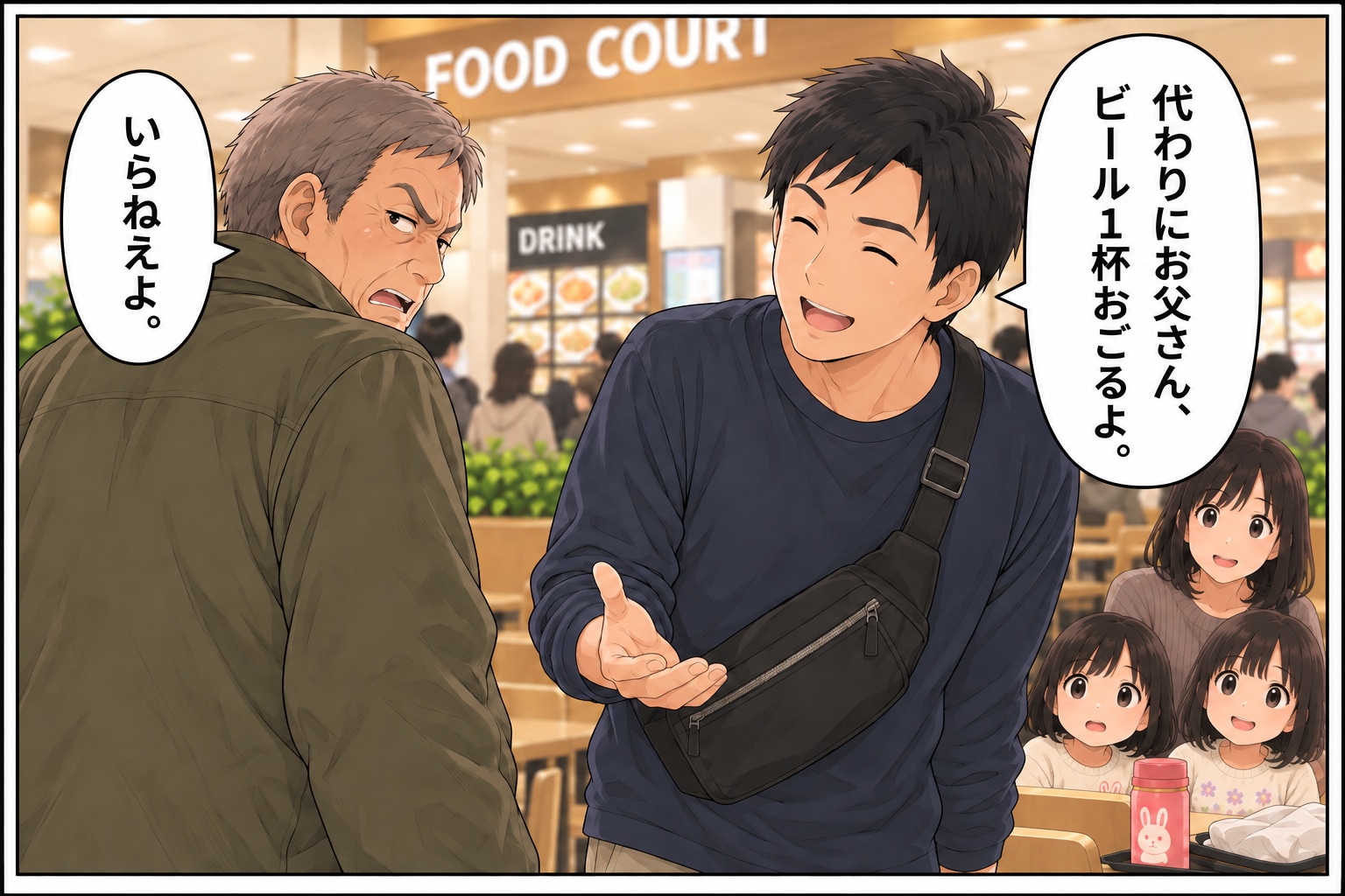 【漫画】「オレの予約席だからどけ」フードコートで主張する高齢男性にザワッ。夫の「見事な対応」とは【後編】