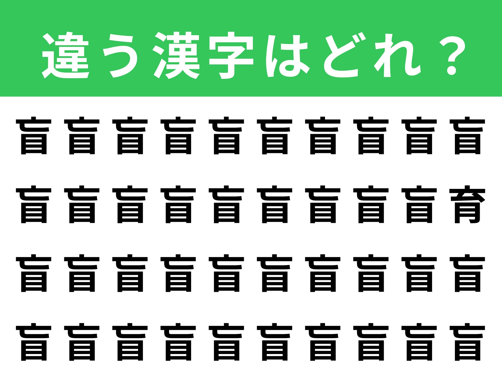 問題：「盲」に紛れた別の漢字は？