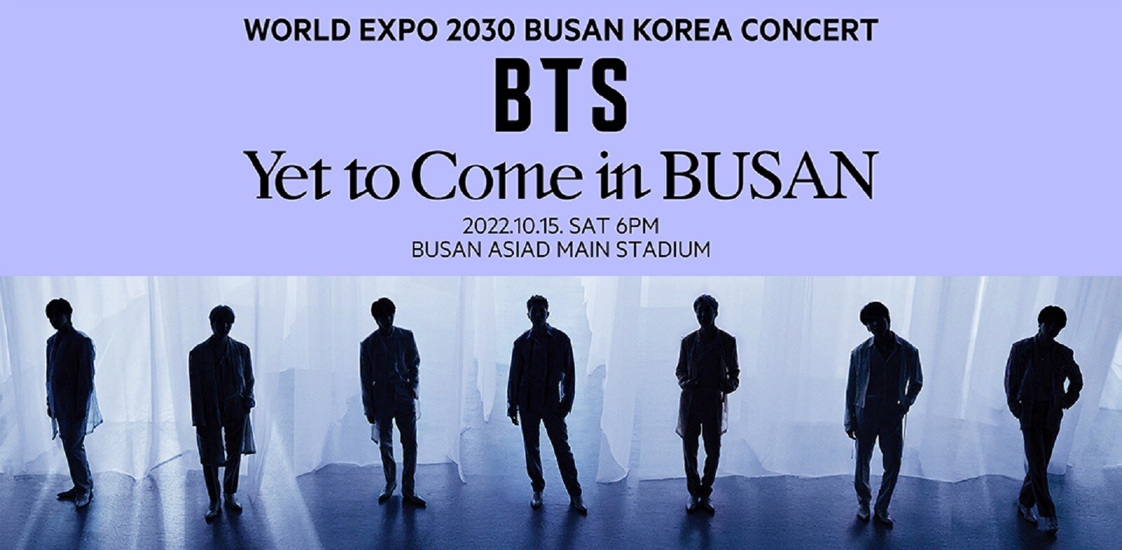 10月15日（土）に釜山アジアド主競技場で開催される「WORLD EXPO 2030 BUSAN KOREA CONCERT BTS Yet to Come in BUSAN」。画像はプレスリリース（※2）より。