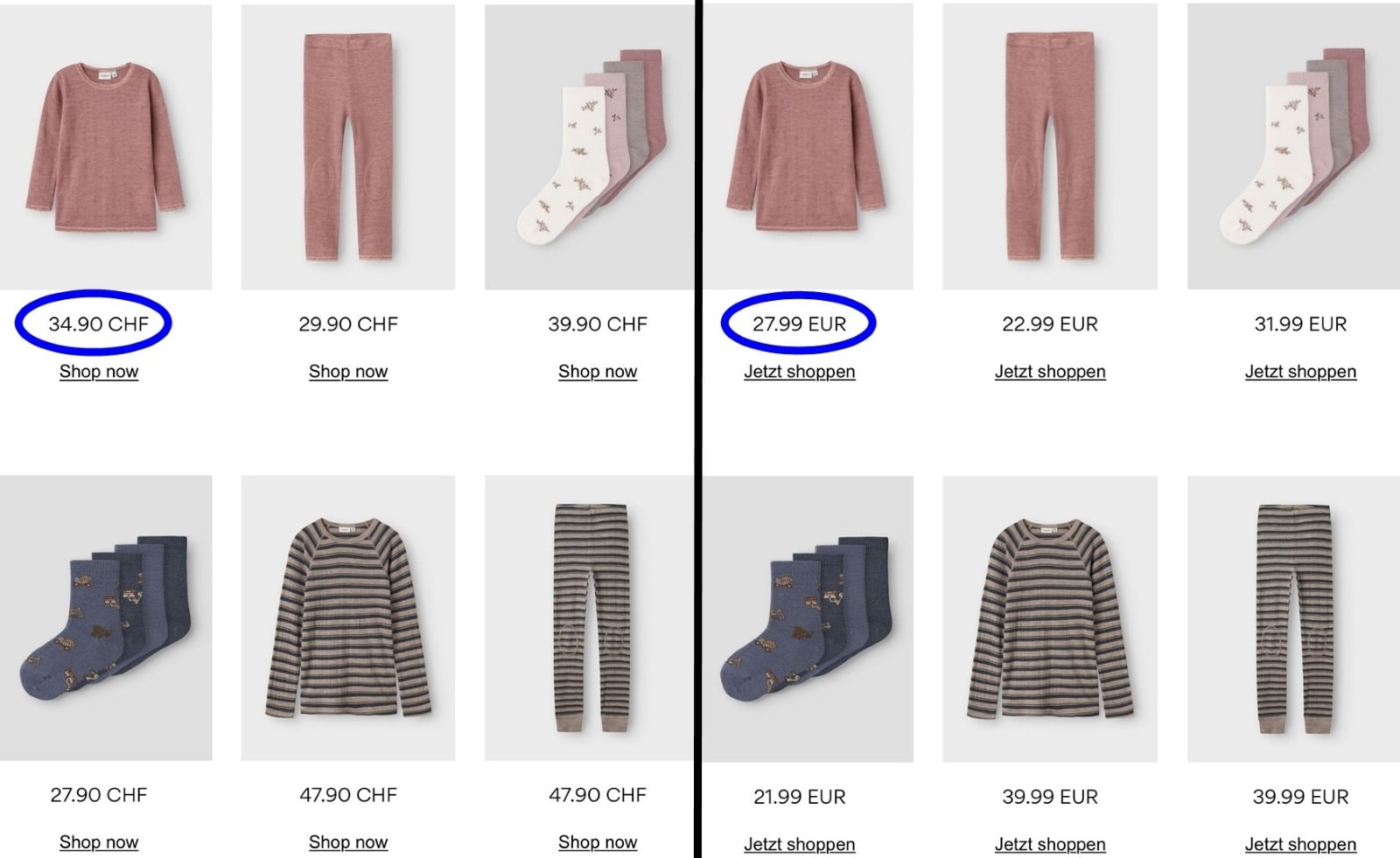 同じ商品の広告でも、ドイツのユーロ価格（写真右）は「.99」で終わるのに対し、スイスフラン価格（左）は「.90」や「.00」といった切りのよい数字で表示されている。