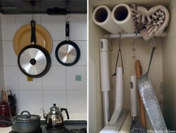 左:毎日必ず使う調理道具はレンジ近くに吊るす。右:掃除道具を吊るしておくと、使いたいときにすぐ手に取れる