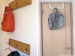 玄関、廊下も壁を使うほか、ドア用フックを付けると片付ける場所が簡単に増やせる