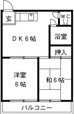 【A:2DKの標準的な間取り】居室2部屋がバルコニーに面し、玄関側にDKがあるタイプ。アパートに多い