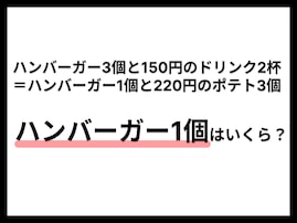【算数クイズ】ハンバーガー1個の値段は？ 中学1年生の文章問題を解いてみよう