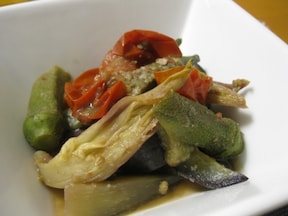 オクラと夏野菜の麦味噌和え style= オクラと夏野菜の麦味噌和え