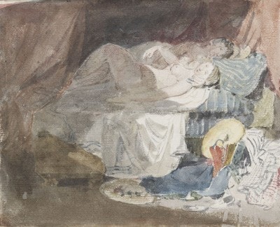 ジョゼフ・マロード・ウィリアム・ターナー 《ベッドに横たわるスイス人の裸の少女とその相手》「スイス人物」スケッチブックより 1802年 Tate: Accepted by the nation as part of the Turner Bequest 1856, image © Tate, London 2017