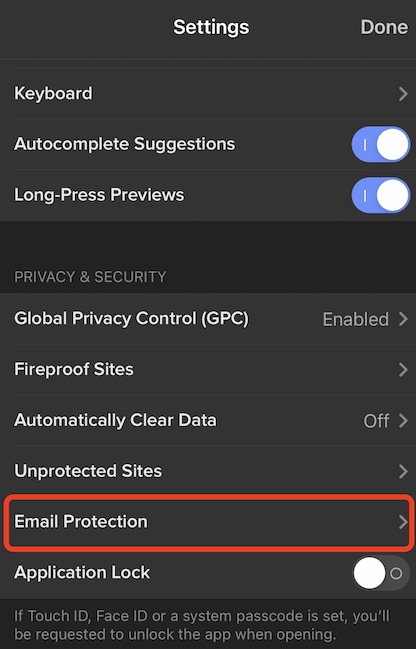 スマホアプリから「Email Protection」を選択し登録（出典：DuckDuckGo）