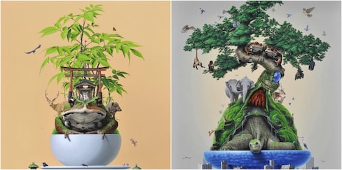 Surreal Acrylic Paintings of Animals as Bonsai