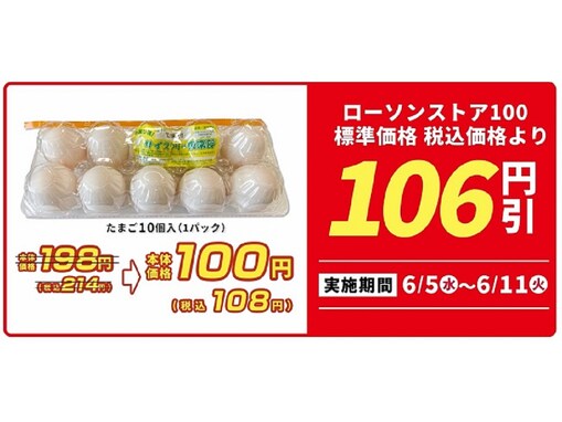 【ローソンストア100】ほぼ半額！ たまご10個入りパックが108円に！（6月5～8日）