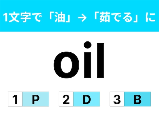 【英語クイズ】「oil」に1文字足して「油」から「茹でる」の意味にするには？ 口にする機会も多い言葉！