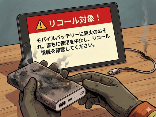 【リコール情報】モバイルバッテリーで火災事故発生。住本製作所製の製品「リチウム電池内蔵充電器」