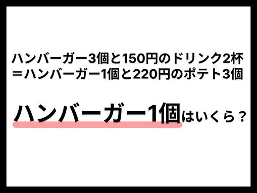 【算数クイズ】ハンバーガー1個の値段は？ 中学1年生の文章問題を解いてみよう