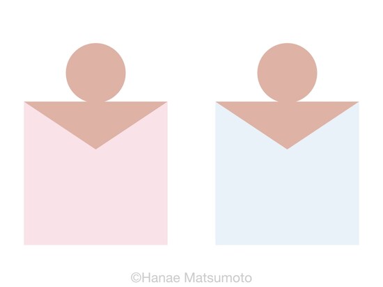 日本人の標準的な肌色（ピンク系）とトップスの配色例：左から、アイシーピンク、アイシーブルー