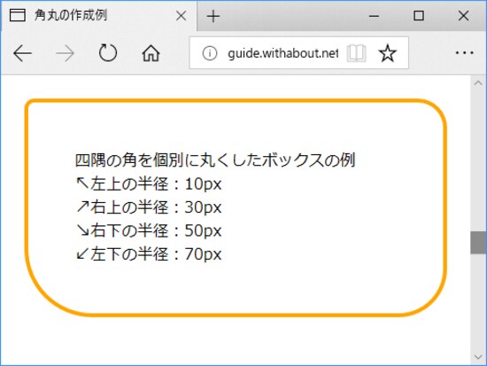 四隅(左上→右上→右下→左下)の角を個別の半径で丸くすることもできる