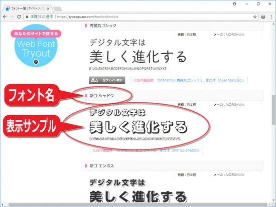 日本語Webフォントの検索結果例 (フォント名と表示サンプルが一覧で見える)