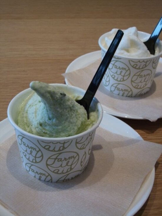 「farm-il-aid FOOD RELATION CAFE」のジェラート、「あおさ だだちゃ風味」と「おばこ梅酢」（各400円）