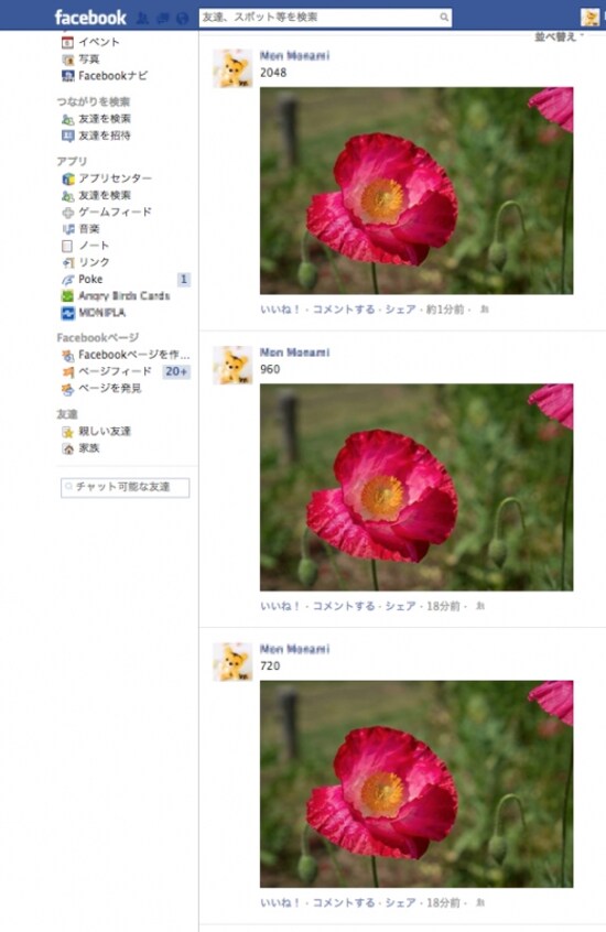 タイムライン上の元は2048、960、720ピクセルの写真。いずれも398ピクセルに縮小表示されるので、画質の差はほとんどわからない。