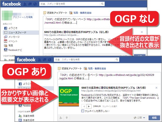 OGPがない場合と、OGPを記述した場合とでの、facebook上での見え方の違い