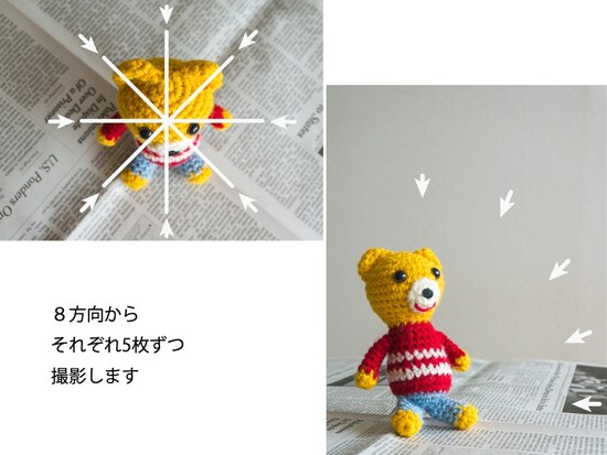 8方向を下から上へそれぞれ５枚ずつ角度をかえながら撮影します。