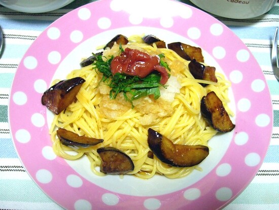「なすとシソのおろし梅ぽん酢パスタ」