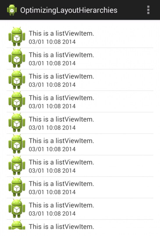 ListViewを表示するアプリ。タイムラインを表示するようなレイアウト構造になっている