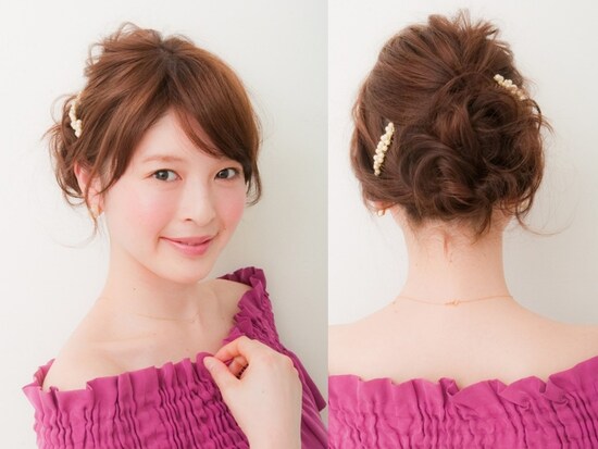 画像 18 30 ミディアムヘアに フェミニンなゆるアップスタイル 結婚式 パーティーヘアアレンジ All About