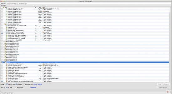 Android SDK ManagerからIntel x86 Atom System ImageとIntel x86 Emulator Accelerator (HAXM)をダウンロード