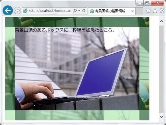 背景画像付きのボックスに半透明の枠線を付加したところ