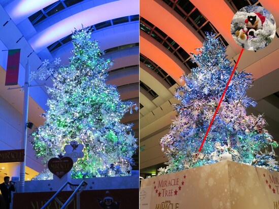 左：2014年は「ミラクル☆ツリー」が輝く、クイーンズスクエア横浜。1日6回のショータイムはお見逃しなく　右：映画のキャラクター・デビクロくんがあちこちに