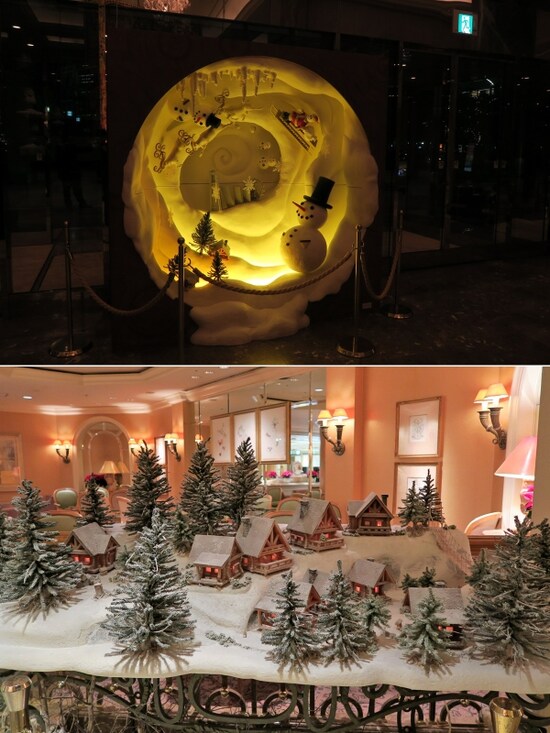 上：みなとみらいがクリスマスに包まれているイメージのオブジェ　下：フィンランドに実在するサンタ村のミニチュアオブジェ。いずれもデコレーター門口氏の作品