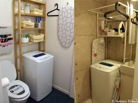 左:トイレの便器の上にも設置できる。トイレットペーパーやタオル収納に。右:一番上のパイプにはハンガー掛けができる。(IKEA立川店)