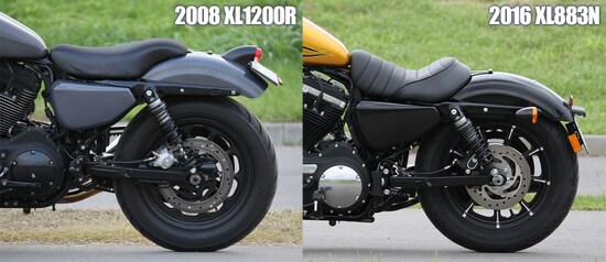［左］2008 XL1200R ［右］2016 XL883N リアまわりの違い