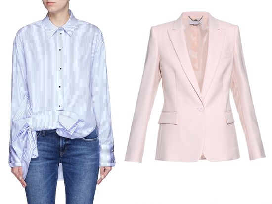 左から、VICTORIA, VICTORIA BECKHAM 2016春夏コレクション ホワイト・スカイブルーコットンブラウス／STELLA MCCARTNEY 2016春夏コレクション ヌードピンクウールテーラードジャケット