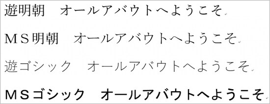 Word 2016では、新規文書のフォントが「遊明朝」と「遊ゴシック」になりました。各フォントを並べるとこんな感じです